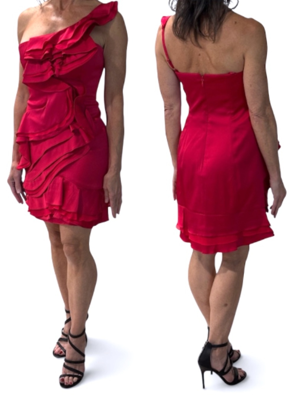 BCBGMaxAzria Jonesy Ruffled One-shoulder Mini Dress - Ruby Red Size 4